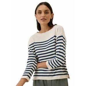 NWT Pact Navy Laguna Stripe Classic Fine Knit Wide Neck Sweater Size Medium